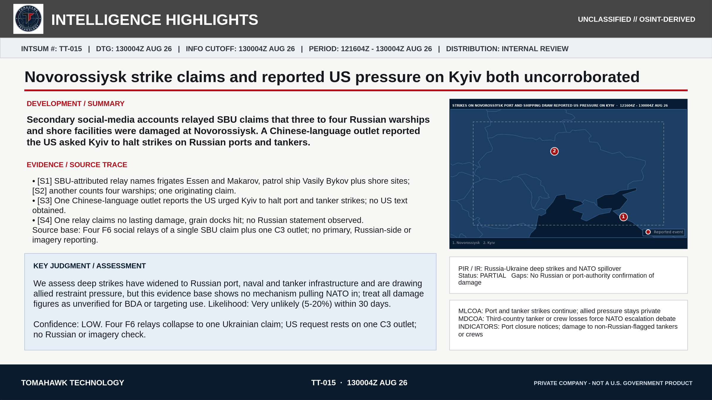 Novorossiysk strike claims and reported US pressure on Kyiv both uncorroborated
