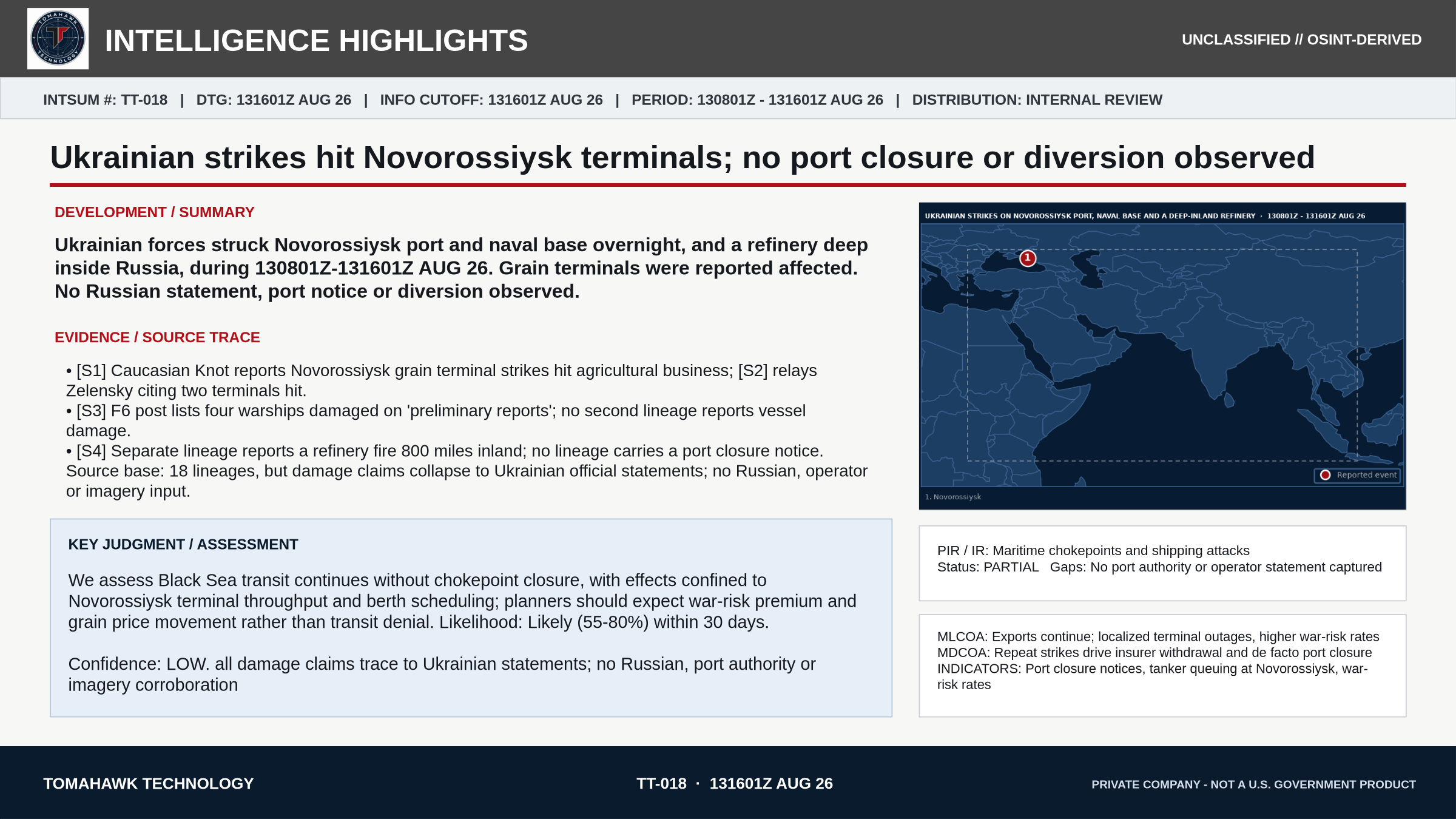 Ukrainian strikes hit Novorossiysk terminals; no port closure or diversion observed