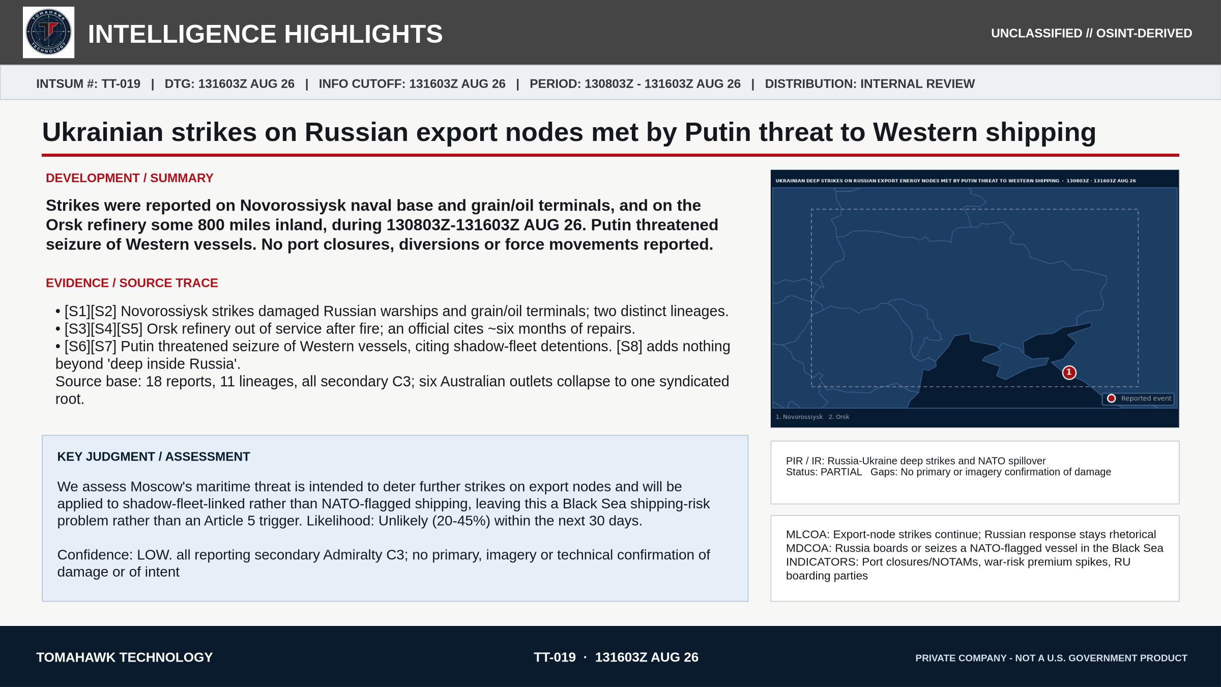 Ukrainian strikes on Russian export nodes met by Putin threat to Western shipping
