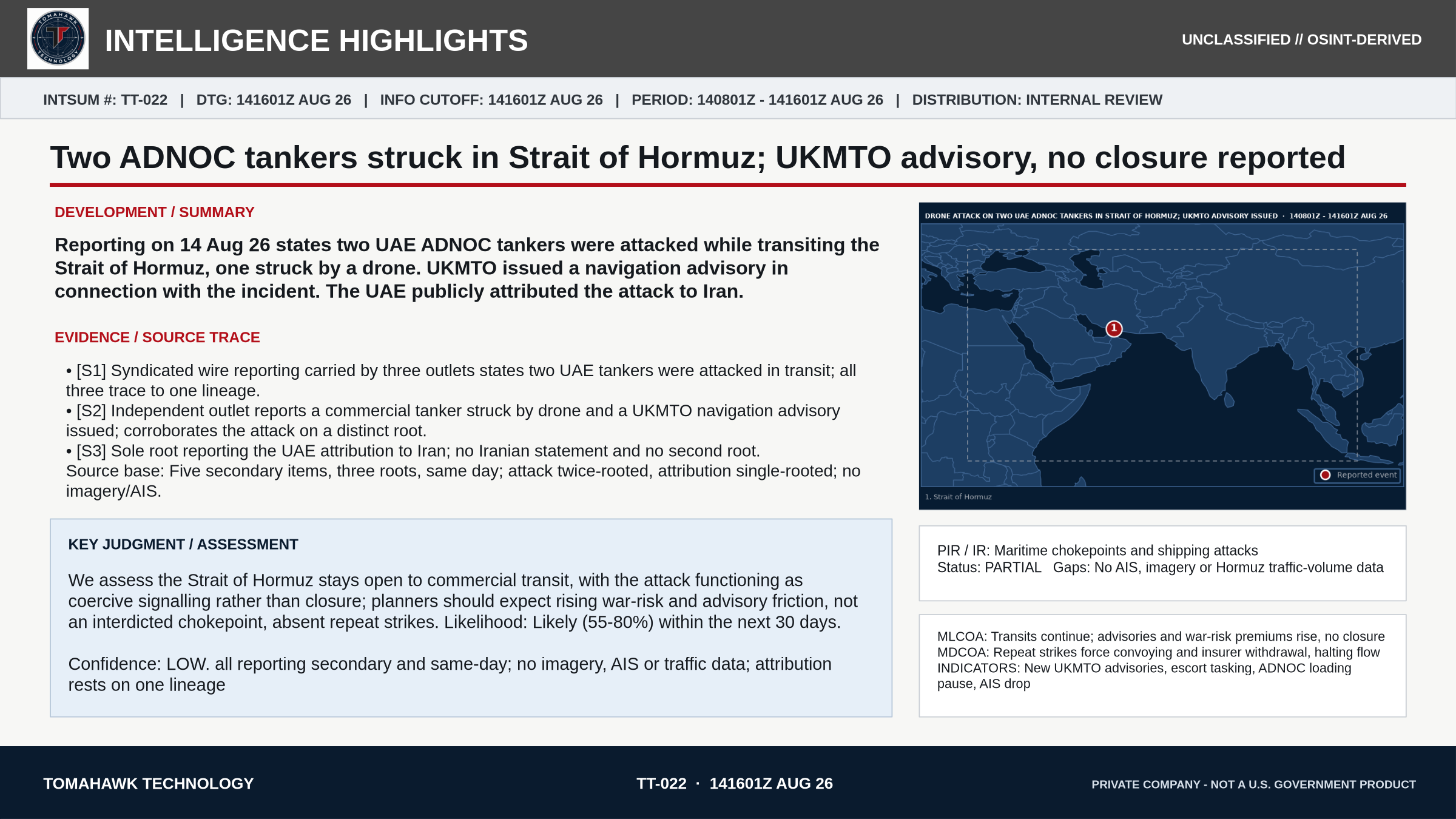 Two ADNOC tankers struck in Strait of Hormuz; UKMTO advisory, no closure reported