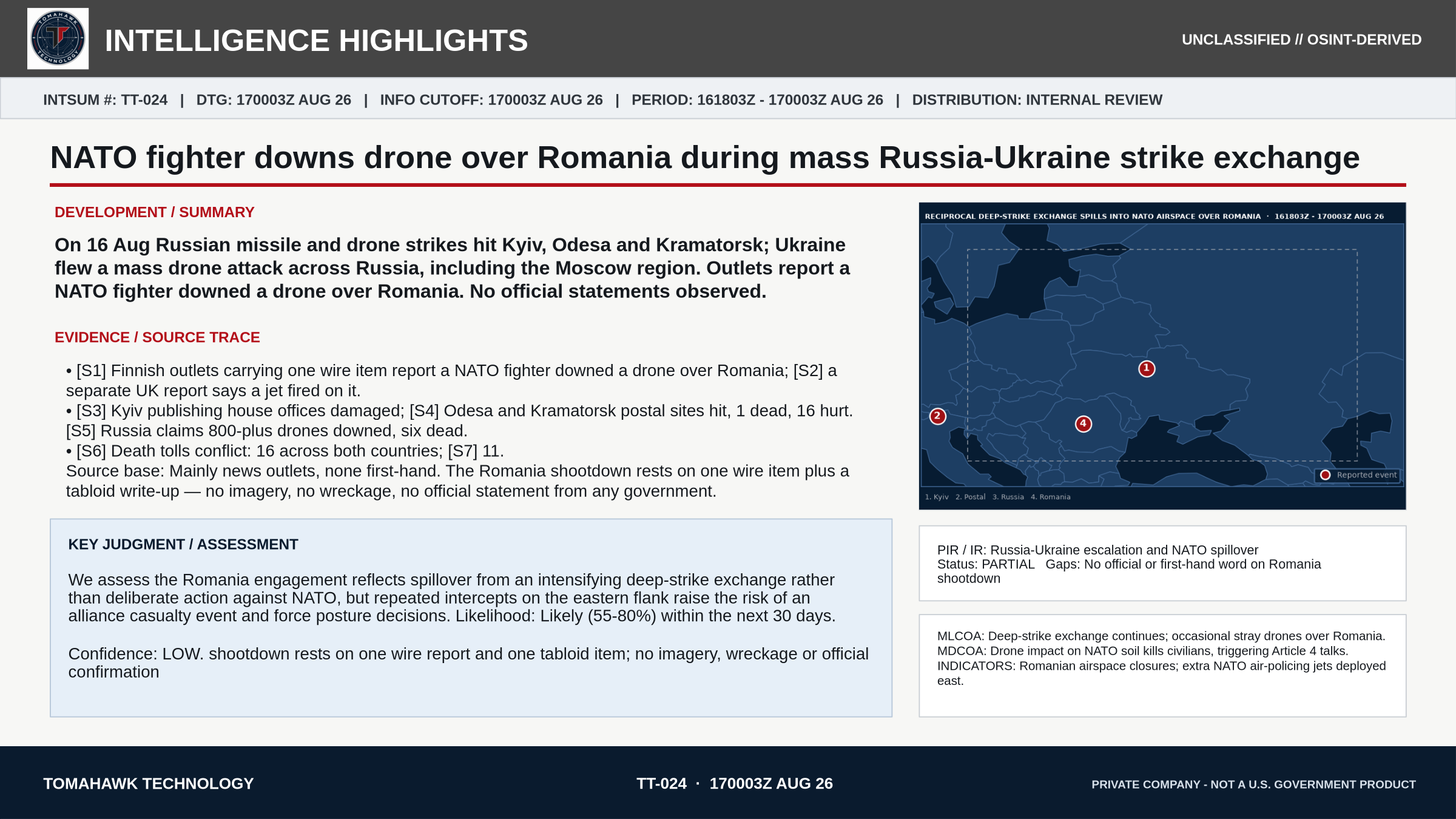NATO fighter downs drone over Romania during mass Russia-Ukraine strike exchange