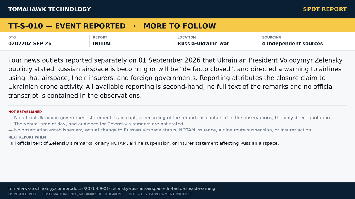 Zelensky States Russian Airspace Will Be 'De Facto Closed', Issues Warning to Airlines and Insurers