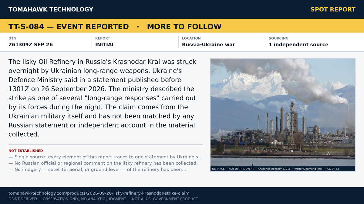 Ukraine's Defence Ministry States Ilsky Oil Refinery in Krasnodar Krai Was Hit Overnight