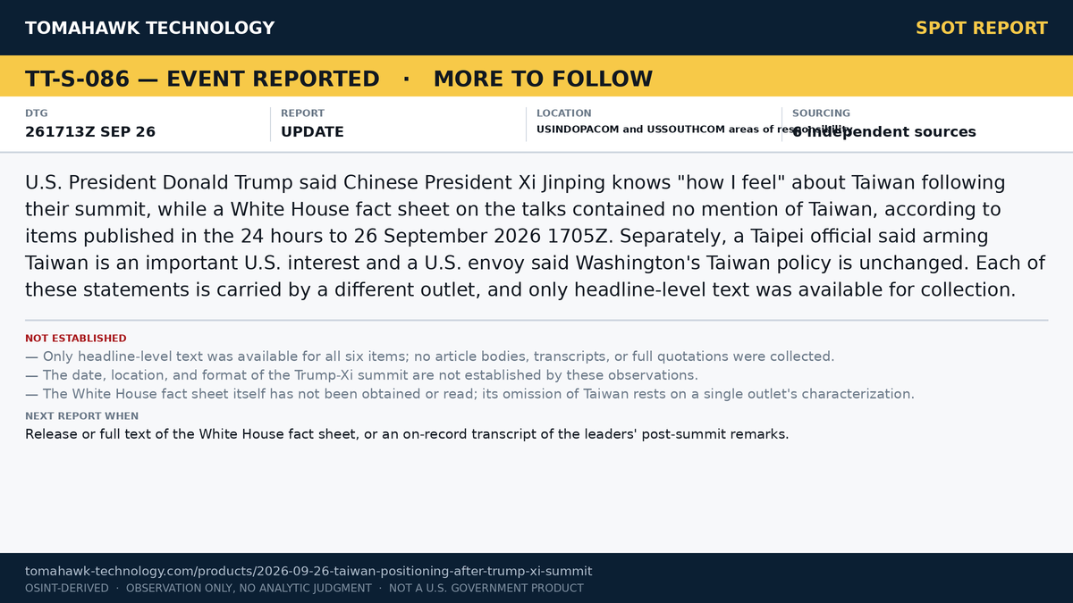 Trump Comments on Taiwan After Summit with Xi; White House Fact Sheet Omits Taiwan