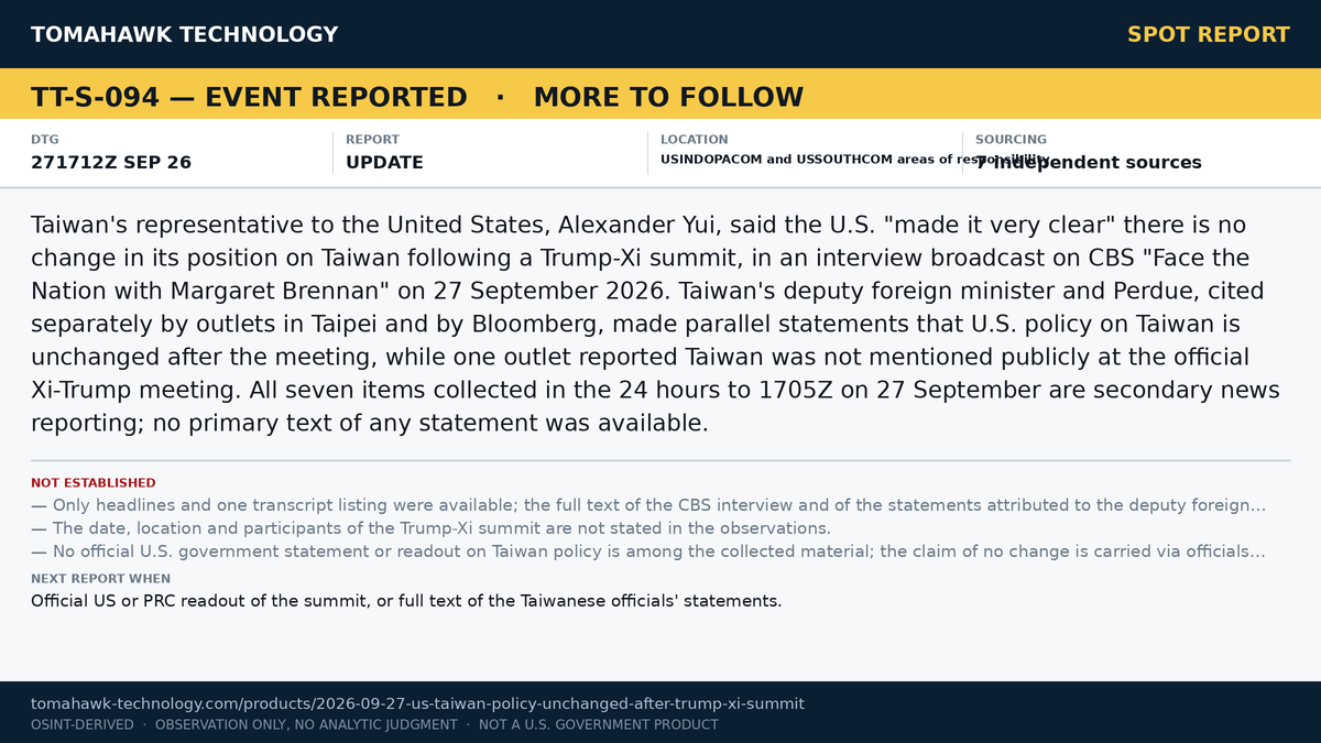 Taiwan and U.S. Officials State No Change in U.S. Taiwan Policy Following Trump-Xi Summit