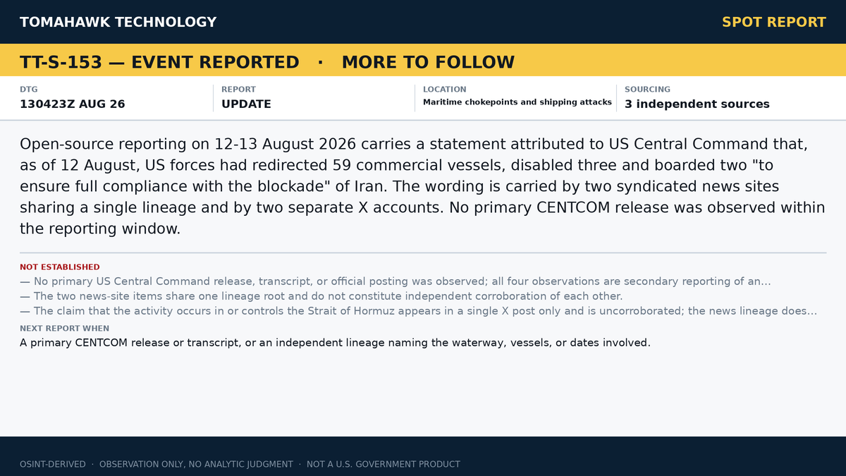 Reporting Attributes CENTCOM Statement on 59 Commercial Vessels Redirected Under Iran Blockade