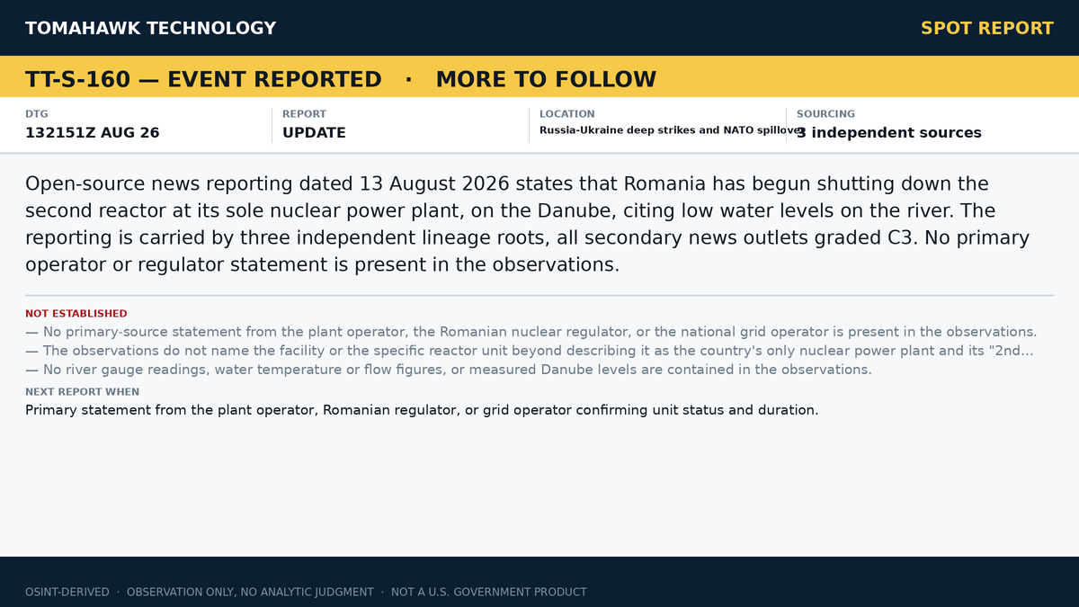 Romanian Reporting: Shutdown of Second Reactor at Country's Nuclear Plant Begun Amid Low Danube Water Levels