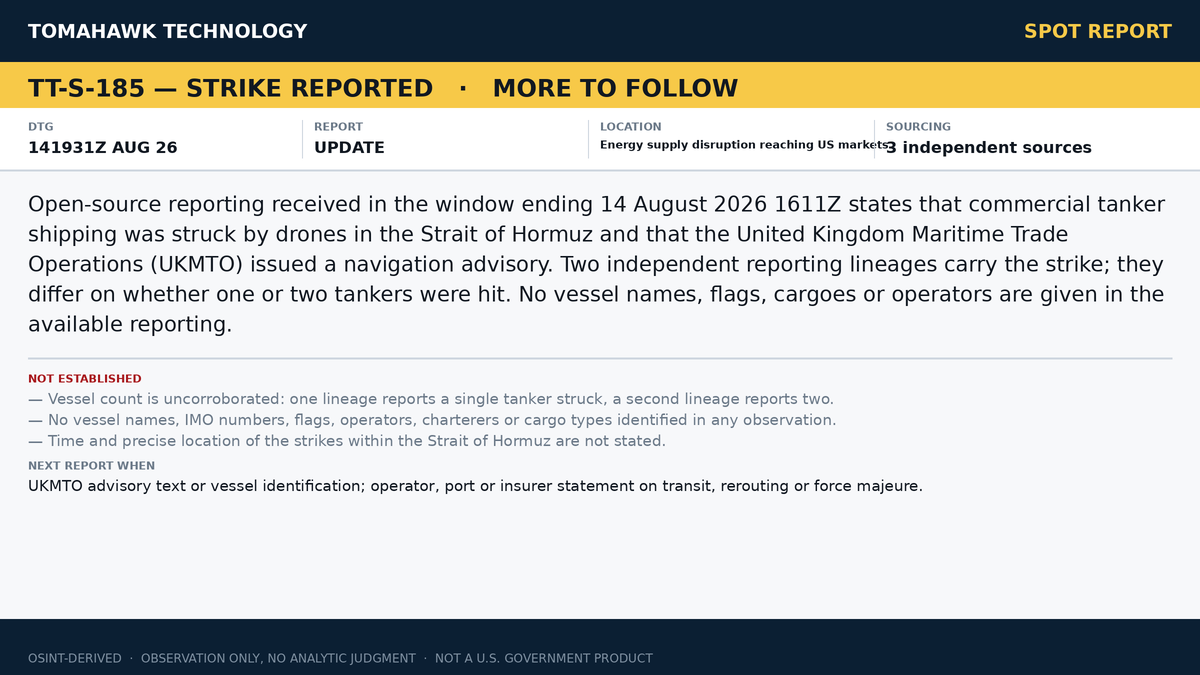 Drone Strike Reported on Commercial Tanker Shipping in Strait of Hormuz; UKMTO Navigation Advisory Issued