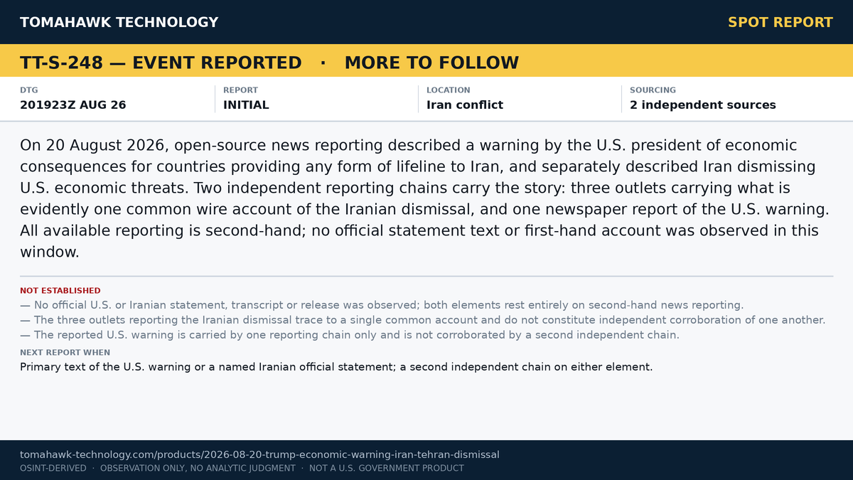 Media Report U.S. Warning of Economic Consequences for States Aiding Iran; Tehran Reported as Dismissing Threats