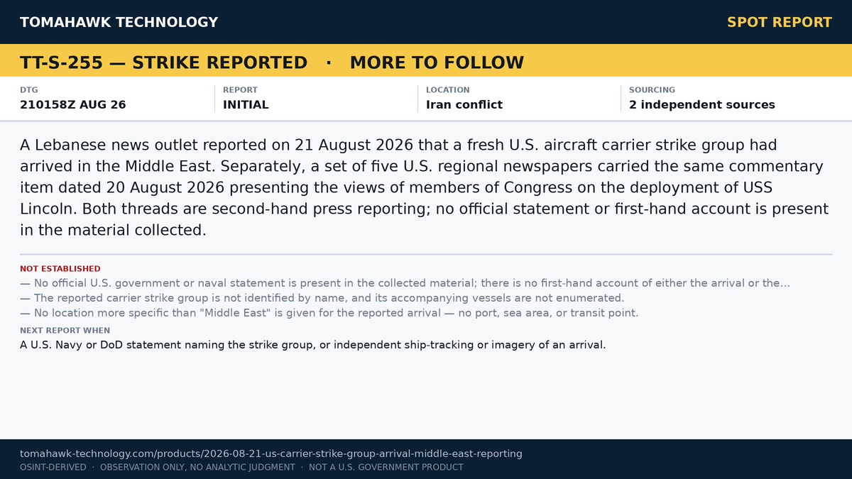 Outlet Reports Arrival of U.S. Carrier Strike Group in Middle East; Separate Syndicated Commentary Addresses USS Lincoln Deployment