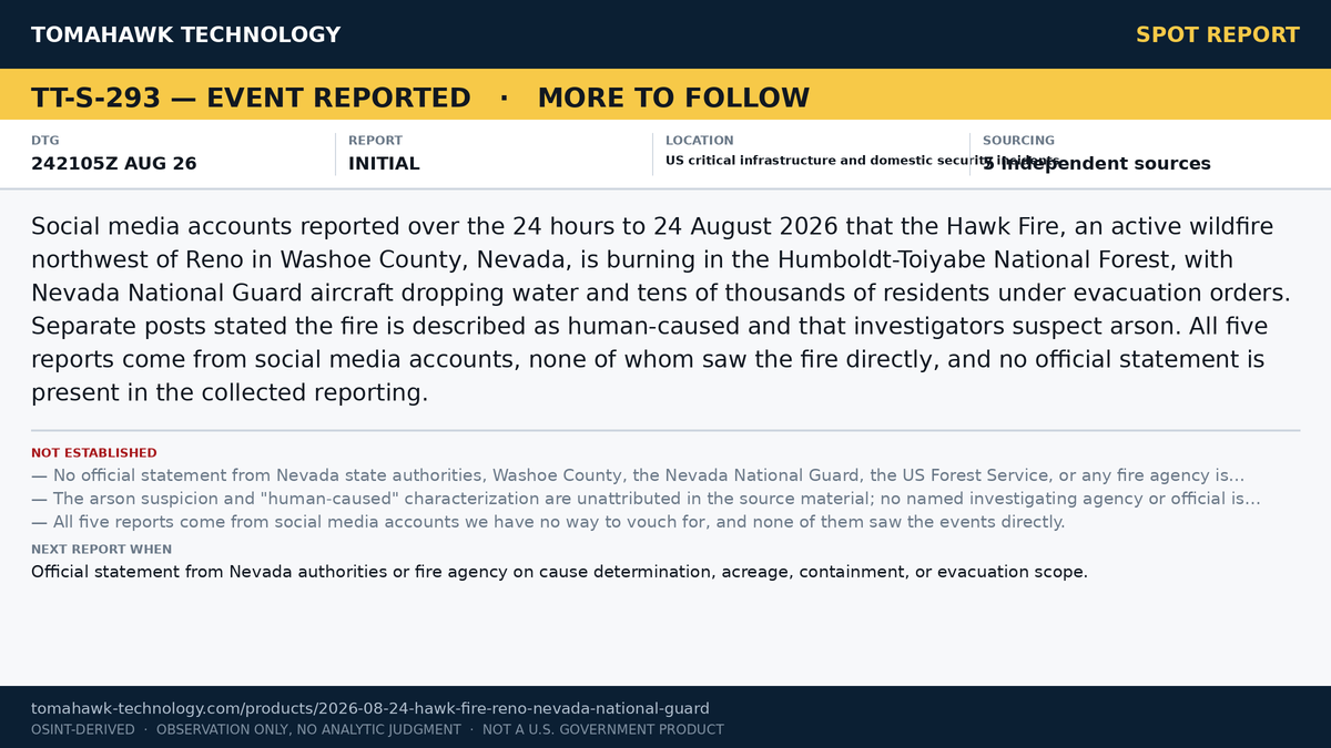 Hawk Fire Burning Northwest of Reno, Nevada; National Guard Water Drops and Mass Evacuations Reported