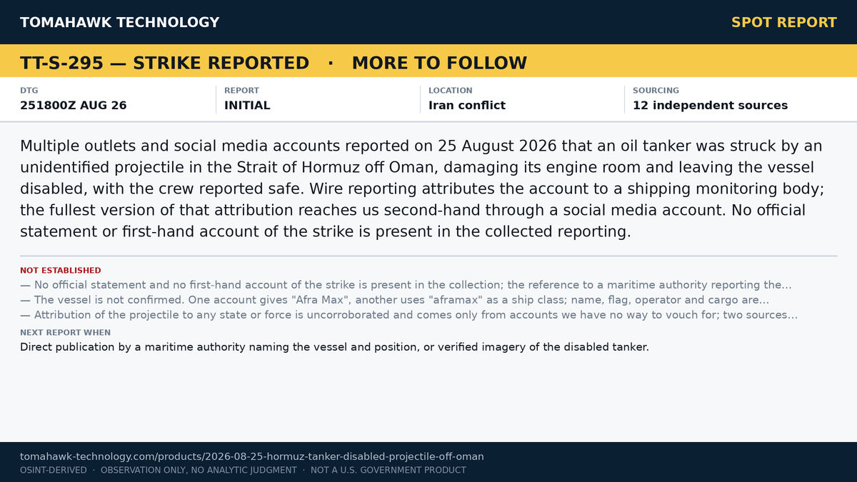 Oil Tanker Reported Disabled After Projectile Strike in Strait of Hormuz Off Oman, 25 August
