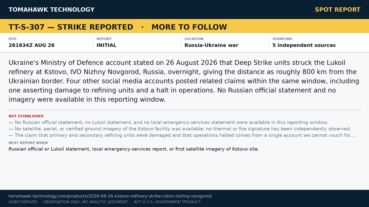 Ukraine's Defence Ministry Says Deep Strike Units Hit Lukoil Kstovo Refinery, Nizhny Novgorod Region